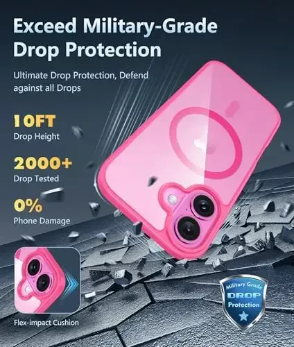 FNTCASE for iPhone 16 Case Clear: Magnetic Phone Cases Compatible with Magsafe Slim Anti Yellowing Military Grade Drop Protection Rugged Protective Transparent Cell Cover (D-Hot Pink Magnetic) - 6