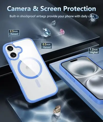FNTCASE for iPhone 16 Phone Case: Clear Magnetic Military Grade Drop Protection Anti Yellowing Slim Case - Rugged Shockproof Protective Transparent Cell Phone Cover (D-Ultramarine Magnetic) - 5