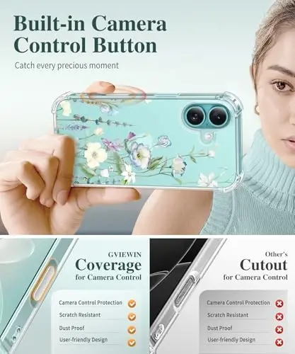 iPhone 16 için GVIEWIN Çiçekli Kılıf, Ekran Koruyucu ve Kamera Lens Koruyucu ile, [Sararma Yapmaz] Kadınlar için Yumuşak Darbeye Dayanıklı Şeffaf Telefon Koruyucu Kılıf, Çiçek Desenli Tasarım 6.1