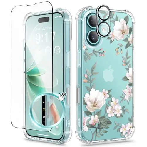 iPhone 16 için GVIEWIN Çiçekli Kılıf, Ekran Koruyucu ve Kamera Lens Koruyucu ile, [Sararmaz] Kadınlar için Yumuşak Darbeye Dayanıklı Şeffaf Telefon Koruyucu Kapak, Çiçek Desenli Tasarım 6.1
