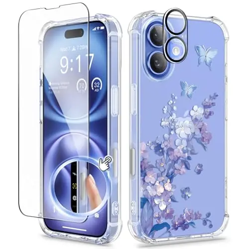 iPhone 16 için GVIEWIN Çiçekli Kılıf, Ekran Koruyucu ve Kamera Lens Koruyuculu, [Sararmaz] Kadınlar için Yumuşak Darbeye Dayanıklı Şeffaf Telefon Koruyucu Kılıf, Çiçek Desenli Tasarım 6.1
