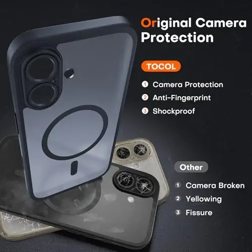 iPhone 16 için Kamera Kontrol Yakalama Düğmeli TOCOL Kılıf, Magsafe Şarj Cihazı ile Uyumlu, Yerleşik Manyetik Halka, iPhone 16 6.1 inç için Yarı Saydam Mat Telefon Kılıfı (Anahtar Siyahı) - 5