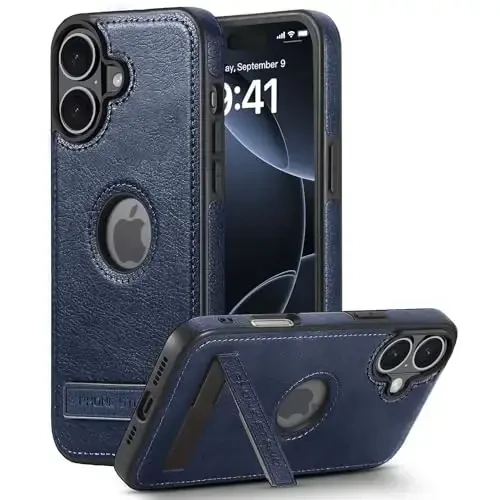 KSELF Leather Case for iPhone 16 Case, Protective Slim with Kickstand Shockproof Phone Cases, Built-in Invisible Stand Compatible with iPhone 16 6.1'' (Blue, for iPhone 16) - 1