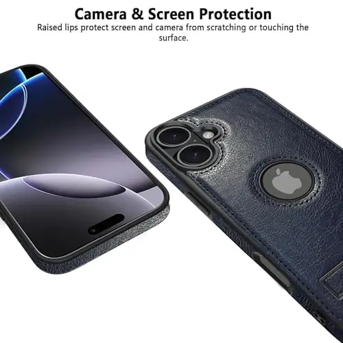 KSELF Leather Case for iPhone 16 Case, Protective Slim with Kickstand Shockproof Phone Cases, Built-in Invisible Stand Compatible with iPhone 16 6.1'' (Blue, for iPhone 16) - 4