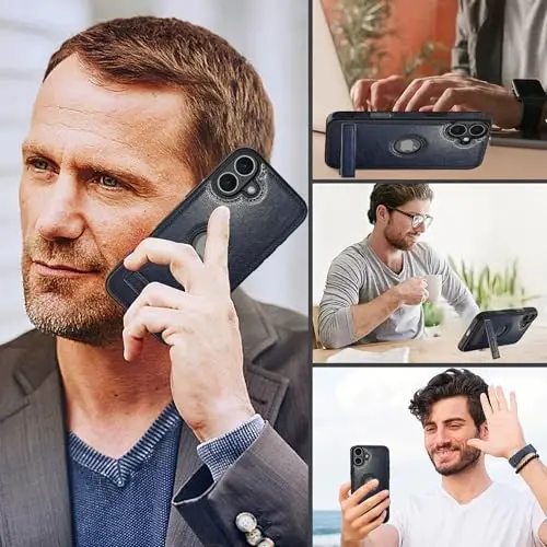 iPhone 16 için KSELF Deri Kılıf, Kickstandlı Koruyucu İnce Darbeye Dayanıklı Telefon Kılıfları, Dahili Görünmez Stand iPhone 16 6.1'' ile Uyumlu (Mavi, iPhone 16 için) - 1
