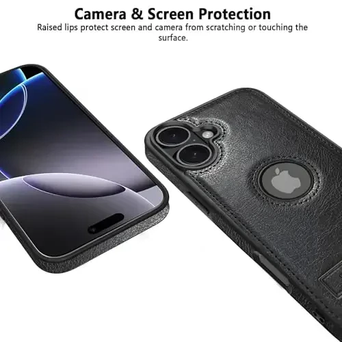 KSELF Leather Case for iPhone 16 Case, Protective Slim with Kickstand Shockproof Phone Cases, Built-in Invisible Stand Compatible with iPhone 16 6.1'' (Black, for iPhone 16) - 4
