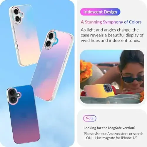 LONLI Hue Case for iPhone 16 - [360° Shock-Absorbent Bumper] - [Cute and Unique Phone Cover for Girls and Women] - Fluorescent Holographic Iridescent - 3