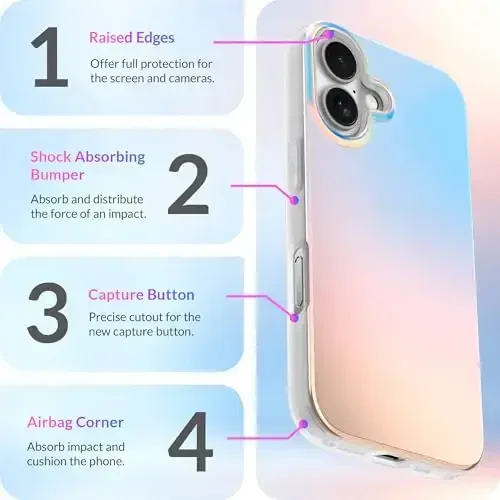 LONLI Hue Case for iPhone 16 - [360° Shock-Absorbent Bumper] - [Cute and Unique Phone Cover for Girls and Women] - Fluorescent Holographic Iridescent - 6