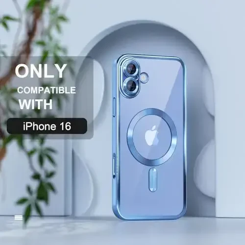 Misea Magnetic for iPhone 16 Case Compatible with MagSafe [Never Yellowing] [Military Grade Drop Protection] Full Camera Lens Protector Plating Soft Clear Phone Case for Women 6.1 inch, Sierra Blue - MISEA (1)