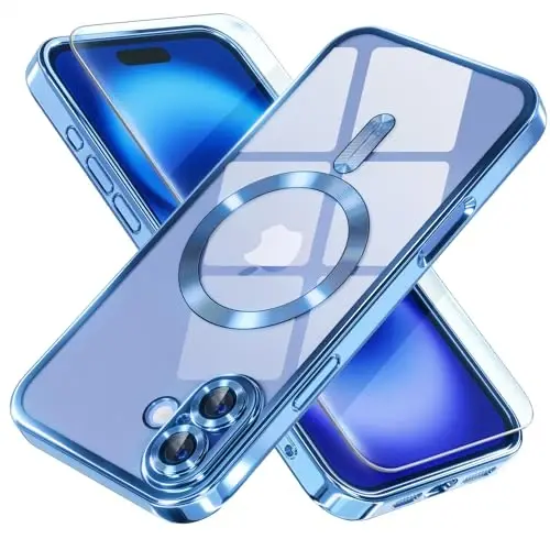 Misea Magnetic for iPhone 16 Case Compatible with MagSafe [Never Yellowing] [Military Grade Drop Protection] Full Camera Lens Protector Plating Soft Clear Phone Case for Women 6.1 inch, Sierra Blue - 1