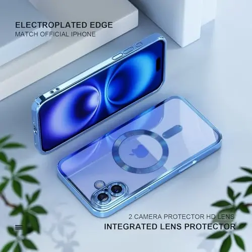 Misea Magnetic for iPhone 16 Case Compatible with MagSafe [Never Yellowing] [Military Grade Drop Protection] Full Camera Lens Protector Plating Soft Clear Phone Case for Women 6.1 inch, Sierra Blue - 6