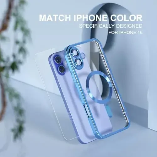 Misea Magnetic for iPhone 16 Case Compatible with MagSafe [Never Yellowing] [Military Grade Drop Protection] Full Camera Lens Protector Plating Soft Clear Phone Case for Women 6.1 inch, Sierra Blue - 7