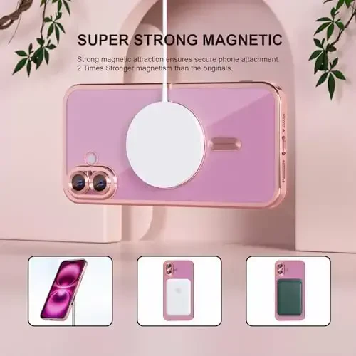 Misea Magnetic for iPhone 16 Case Compatible with MagSafe [Never Yellowing] [Military Grade Drop Protection] Full Camera Lens Protector Plating Soft Clear Phone Case for Women 6.1 inch, Pink - 5