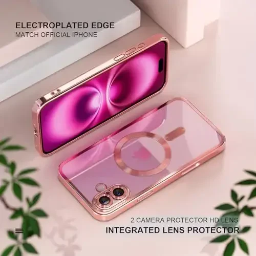 Misea Magnetic for iPhone 16 Case Compatible with MagSafe [Never Yellowing] [Military Grade Drop Protection] Full Camera Lens Protector Plating Soft Clear Phone Case for Women 6.1 inch, Pink - 6