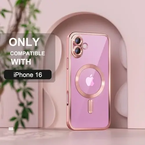 Misea Magnetic for iPhone 16 Case Compatible with MagSafe [Never Yellowing] [Military Grade Drop Protection] Full Camera Lens Protector Plating Soft Clear Phone Case for Women 6.1 inch, Pink - MISEA (1)
