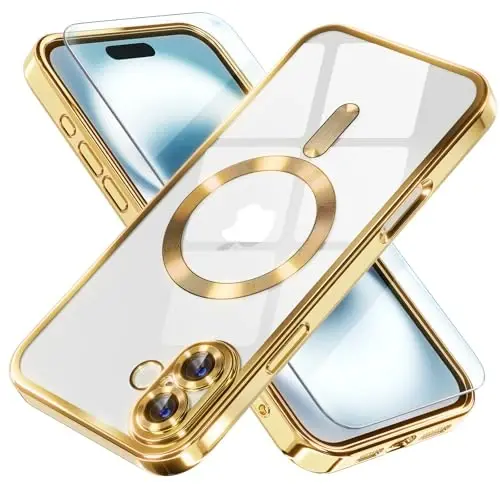 Misea Magnetic for iPhone 16 Case Compatible with MagSafe [Never Yellowing] [Military Grade Drop Protection] Full Camera Lens Protector Plating Soft Clear Phone Case for Women 6.1 inch, Gold - 1