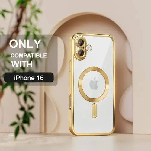 Misea Magnetic for iPhone 16 Case Compatible with MagSafe [Never Yellowing] [Military Grade Drop Protection] Full Camera Lens Protector Plating Soft Clear Phone Case for Women 6.1 inch, Gold - MISEA (1)