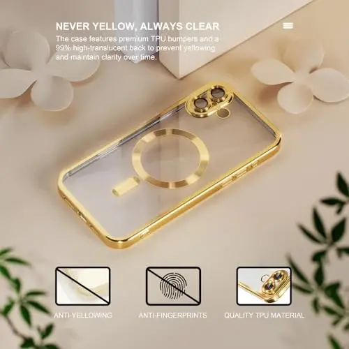 Misea Magnetic for iPhone 16 Case Compatible with MagSafe [Never Yellowing] [Military Grade Drop Protection] Full Camera Lens Protector Plating Soft Clear Phone Case for Women 6.1 inch, Gold - 3