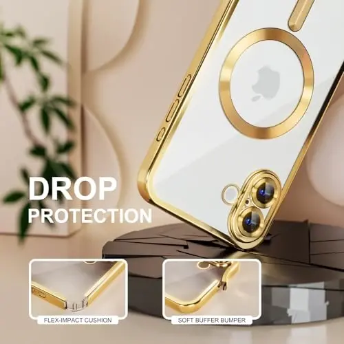Misea Magnetic for iPhone 16 Case Compatible with MagSafe [Never Yellowing] [Military Grade Drop Protection] Full Camera Lens Protector Plating Soft Clear Phone Case for Women 6.1 inch, Gold - 4