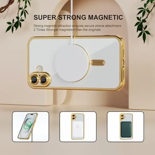 Misea Magnetic for iPhone 16 Case Compatible with MagSafe [Never Yellowing] [Military Grade Drop Protection] Full Camera Lens Protector Plating Soft Clear Phone Case for Women 6.1 inch, Gold - 5