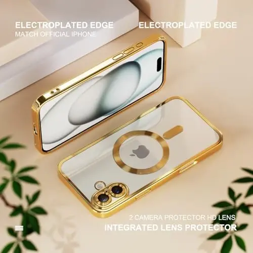 Misea Magnetic for iPhone 16 Case Compatible with MagSafe [Never Yellowing] [Military Grade Drop Protection] Full Camera Lens Protector Plating Soft Clear Phone Case for Women 6.1 inch, Gold - 6