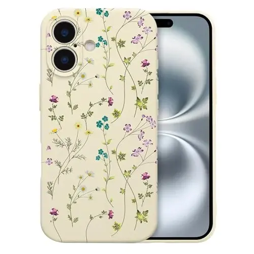 RALEAVO Floral Case for iPhone 16,Liquid Silicone Cover with Cute Flower Branch Pattern for Girls Women Slim Soft Rubber Protective Phone Case for iPhone 16 (6.1