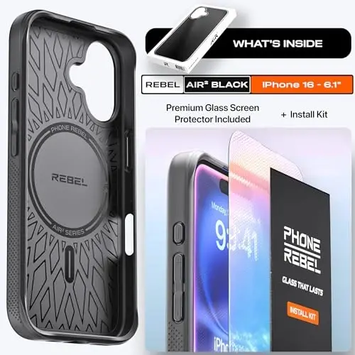 REBEL Air Case for iPhone 16 [Air² Series] Compatible with MagSafe, Strong Magnets, Grippy Sides, Slim & Lightweight TPU Cover, Protective Corners, Raised Lens Ring, 6.1 Inch Phone 2024 (Black) - 6