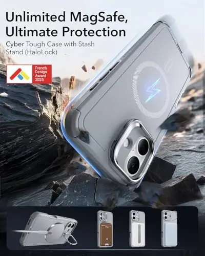 ESR for iPhone 16 Case with Stand, 23 ft Military-Grade Drop Protection, Heavy Duty Magnetic Phone Case, Compatible with MagSafe Accessories, Cyber Series, Light Grey 