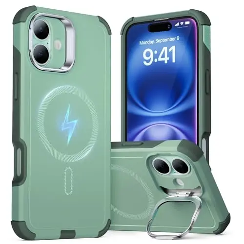ESR for iPhone 16 Case with Stand, 23 ft Military-Grade Drop Protection, Heavy Duty Magnetic Phone Case, Compatible with MagSafe Accessories, Cyber Series, Light Green - ESR (1)