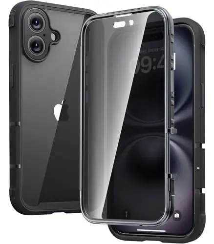 Diaclara Designed for iPhone 16 Case 6.1 Inch,Upgraded [Full Camera Protection] Full Body Rugged Clear Bumper Case with Built-in Privacy Screen Protector for iPhone 16,Black - 1