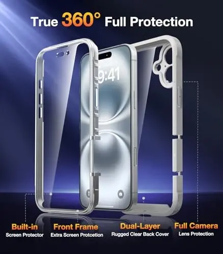 Diaclara Designed for iPhone 16 Case, Full Body Rugged Case with Built-in Touch Sensitive Anti-Scratch Screen Protector, Upgraded [Full Camera Protection] for Phone 16 (White) - DIACLARA (1)
