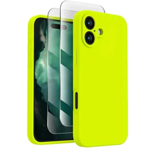 FireNova Designed for iPhone 16 Case, Silicone Upgraded [Camera Protection] Phone Case with [2 Screen Protectors], Soft Anti-Scratch Microfiber Lining Inside, 6.1 inch, Fluorescent Green - FIRENOVA