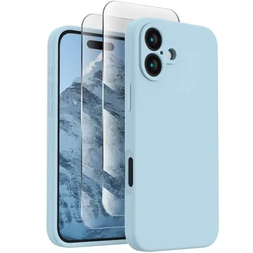 FireNova Designed for iPhone 16 Case, Silicone Upgraded [Camera Protection] Phone Case with [2 Screen Protectors], Soft Anti-Scratch Microfiber Lining Inside, 6.1 inch, Sky Blue 