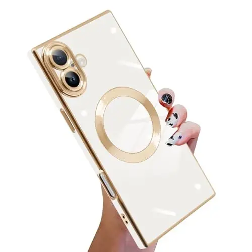 KANGHAR Case Designed for iPhone 16 Magnetic [Compatible with MagSafe] Luxury Cute Plating Design Case Full-Body Anti-Scratch Shockproof Bumper Protective Cover White - 1