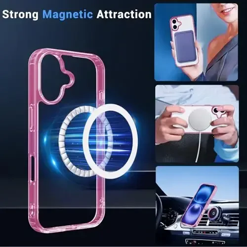Temdan for iPhone 16 Case Clear, Compatible with Magsafe, Anti-Yellowing, Military-Grade Protection, Shockproof Slim Magnetic Phone Case Cover, Pink - 3