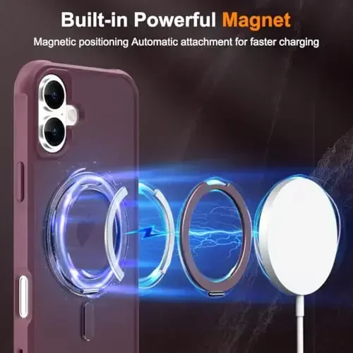 TOKVANZ for iPhone 16 Case with 360° Rotatable Magnetic Ring Stand [Compatible Mag-Safe] [Military Grade Protection] Translucent Matte Phone Cases for Women Men 6.1'', Wine Red - 3