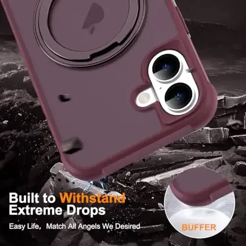TOKVANZ for iPhone 16 Case with 360° Rotatable Magnetic Ring Stand [Compatible Mag-Safe] [Military Grade Protection] Translucent Matte Phone Cases for Women Men 6.1'', Wine Red - 6