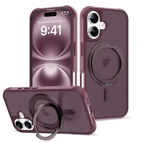 TOKVANZ for iPhone 16 Case with 360° Rotatable Magnetic Ring Stand [Compatible Mag-Safe] [Military Grade Protection] Translucent Matte Phone Cases for Women Men 6.1'', Wine Red - 1