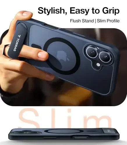 TORRAS for iPhone 16 Case Strong Magnetic & Seamless Stand, Fit for MagSafe, Military-Grade Drop Protection, Adjustable Kickstand Phone Case for iPhone 16 Case, Slim Anti-Scratch Frosted Matte Black - 6