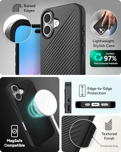 ZAGG Luxe Snap Case for iPhone 16 - MagSafe Wireless Charging, 10ft Drop Protection, Eco-Friendly, Graphene Reinforced, Ripple Design, Black - 4