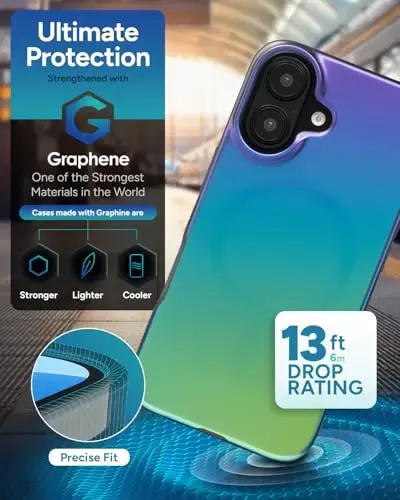 ZAGG Milan Snap Case for iPhone 16 - Color Changing Finish, MagSafe & Wireless Charging Compatible, 13ft Drop Protection, Graphene Reinforced, Eco-Friendly, Raven Feather - 4