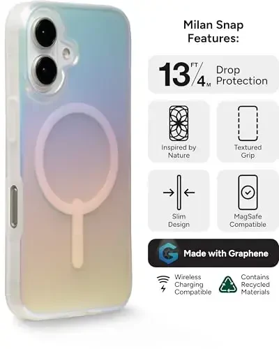 ZAGG Milan Snap Case for iPhone 16 - Color Changing Finish, MagSafe & Wireless Charging Compatible, 13ft Drop Protection, Graphene Reinforced, Eco-Friendly,Matte Iridescent - 3