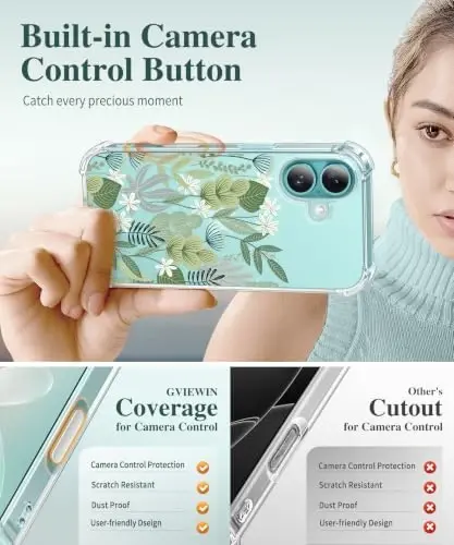 GVIEWIN for iPhone 16 Case Floral, with Screen Protector&Camera Lens Protector, [Non Yellowing] Soft Shockproof Clear Phone Protective Cover for Women, Flower Pattern Design 6.1