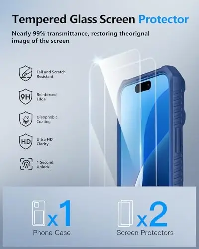 iPhone 16 Kılıf Cüzdan için ATATOO, HD Temperli Cam Ekran Koruyuculu [2 Adet], Dahili Kartlık, Sürgülü Kamera Kapağı, Askeri Sınıf Koruma, iPhone 16 6.1