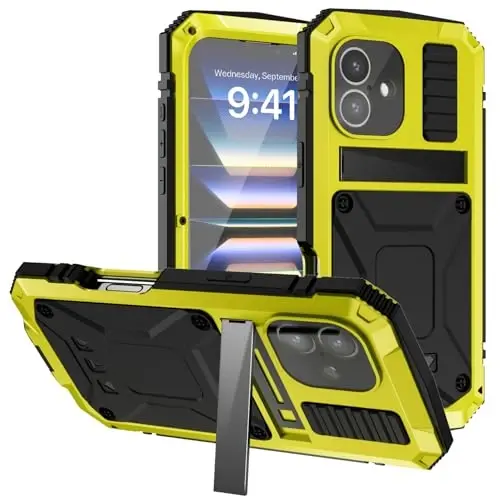 iPhone 16 Kılıfı 6.1 inç Ağır Hizmet Tipi Sağlam [Alüminyum Stan] Askeri Sınıf Metal Kauçuk [Dahili Ekran Koruyucu Kamera Lensi] Telefon Kılıfı (iPhone 16 6.1'' 2024 için uygundur) Sarı - 2