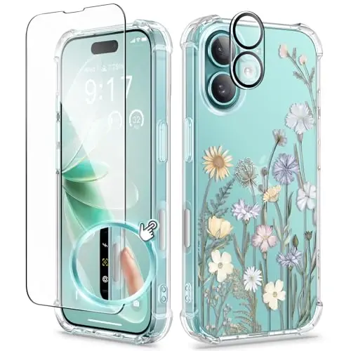 iPhone 16 Kılıfı Çiçekli, Ekran Koruyucu ve Kamera Lens Koruyuculu, [Sararma Yapmaz] Kadınlar İçin Yumuşak Darbeye Dayanıklı Şeffaf Telefon Koruyucu Kılıf, Çiçek Desenli Tasarım 6.1