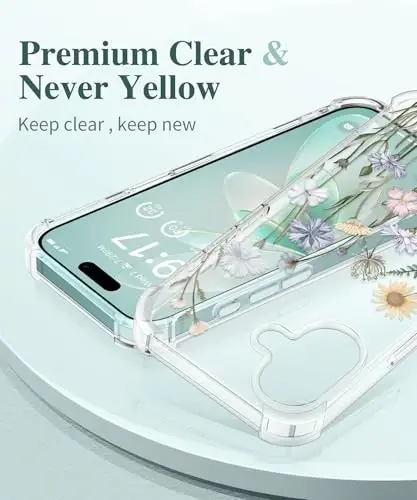 iPhone 16 Kılıfı Çiçekli, Ekran Koruyucu ve Kamera Lens Koruyuculu, [Sararma Yapmaz] Kadınlar İçin Yumuşak Darbeye Dayanıklı Şeffaf Telefon Koruyucu Kılıf, Çiçek Desenli Tasarım 6.1