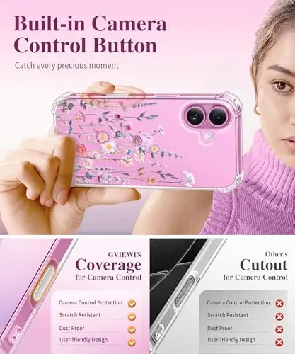 iPhone 16 Kılıfı GVIEWIN Çiçekli, Ekran Koruyucu ve Kamera Lens Koruyuculu, [Sararmaz] Kadınlar için Yumuşak Darbeye Dayanıklı Şeffaf Telefon Kılıfı, Çiçek Desenli Tasarım 6.1