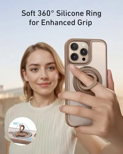 Anker Magnetic Ring Stand for iPhone 16 Case, Silicone Finger Ring Grip Stand Holder, Military Grade Drop Tested, Compatible with MagSafe, Built in Kickstand, Soft Edge Anti-Fingerprint, Rose Gold - 3