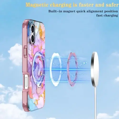 Casehas for iPhone 16 Case with Magnetic Invisible Stand [Compatible with MagSafe] Built-in Screen Protector Military Drop Protection Shockproof Slim Translucent Case Cover, Pink Gold - 4